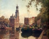 科内利斯 维里登伯格 : The Flowermarket On The Singel Amsterdam With The Munttoren Beyond